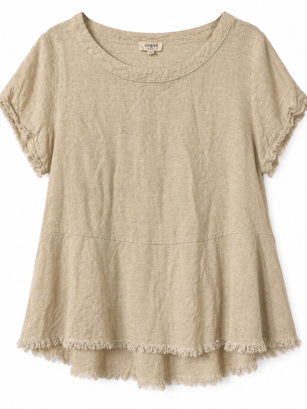 Umgee Linen Blend Frayed Hem Beige Top- M